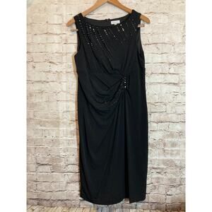 Grace Hill Midi Dress Womens 14 Black LBD Beaded Draped Ruched Sleeveless Sheath